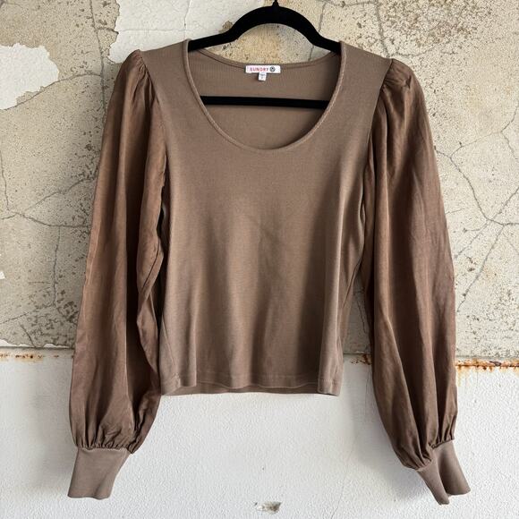 Sundry Rib Knit Puff Shoulder Long Sleeve Top Mocha Brown Scoop Neck USA Made - Picture 1 of 6